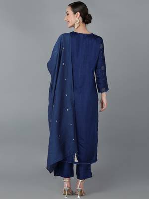navy blue color embroidered silk blend styles kurta trouser with dupatta 4