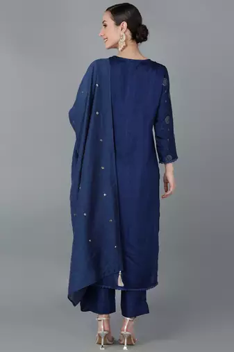 navy blue color embroidered silk blend styles kurta trouser with dupatta