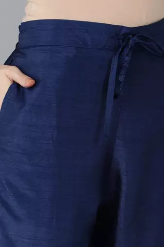 navy blue color embroidered silk blend styles kurta trouser with dupatta