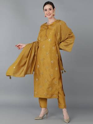mustard color embroidered silk blend styles kurta trouser with dupatta 1