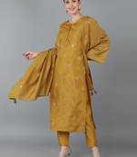 mustard color embroidered silk blend styles kurta trouser with dupatta