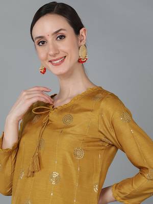 mustard color embroidered silk blend styles kurta trouser with dupatta 2