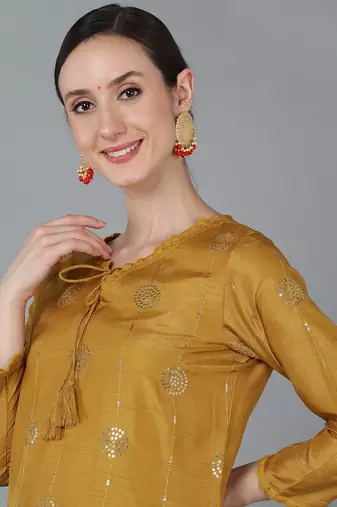 mustard color embroidered silk blend styles kurta trouser with dupatta