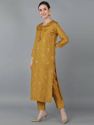mustard color embroidered silk blend styles kurta trouser with dupatta 3