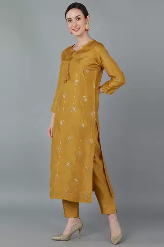 mustard color embroidered silk blend styles kurta trouser with dupatta