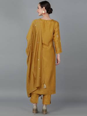 mustard color embroidered silk blend styles kurta trouser with dupatta 4