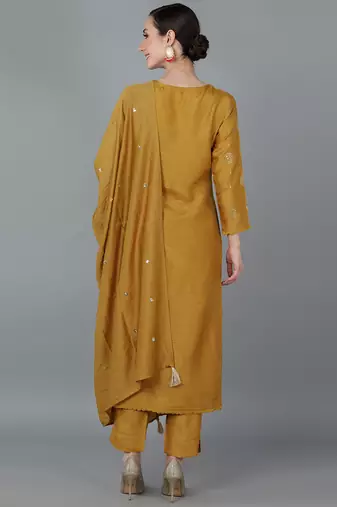 mustard color embroidered silk blend styles kurta trouser with dupatta