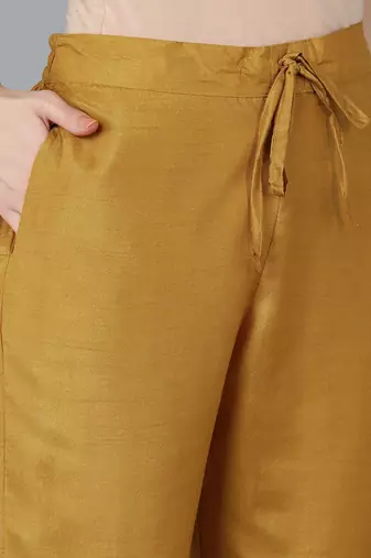 mustard color embroidered silk blend styles kurta trouser with dupatta