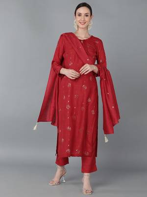 red color embroidered silk blend styles kurta trouser with dupatta 1
