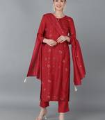 red color embroidered silk blend styles kurta trouser with dupatta