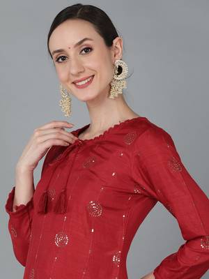 red color embroidered silk blend styles kurta trouser with dupatta 2