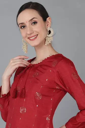 red color embroidered silk blend styles kurta trouser with dupatta