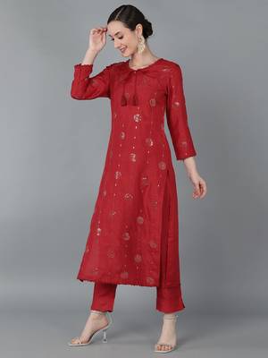 red color embroidered silk blend styles kurta trouser with dupatta 3