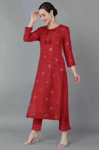 red color embroidered silk blend styles kurta trouser with dupatta