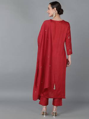 red color embroidered silk blend styles kurta trouser with dupatta 4