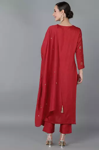 red color embroidered silk blend styles kurta trouser with dupatta