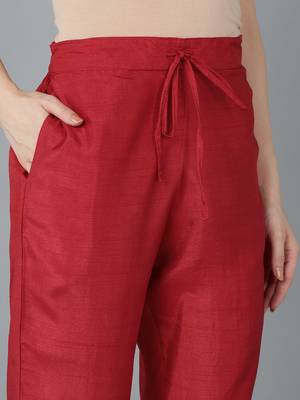 red color embroidered silk blend styles kurta trouser with dupatta 5