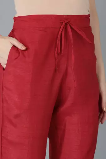 red color embroidered silk blend styles kurta trouser with dupatta