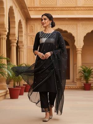 black color embroidered poly silk styles kurta trouser with dupatta 1