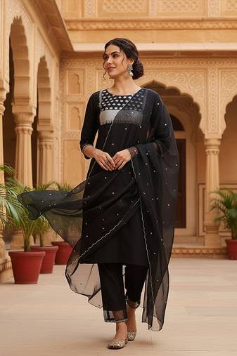 black color embroidered poly silk styles kurta trouser with dupatta