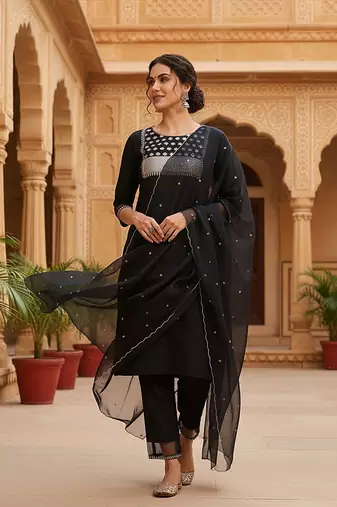 black color embroidered poly silk styles kurta trouser with dupatta