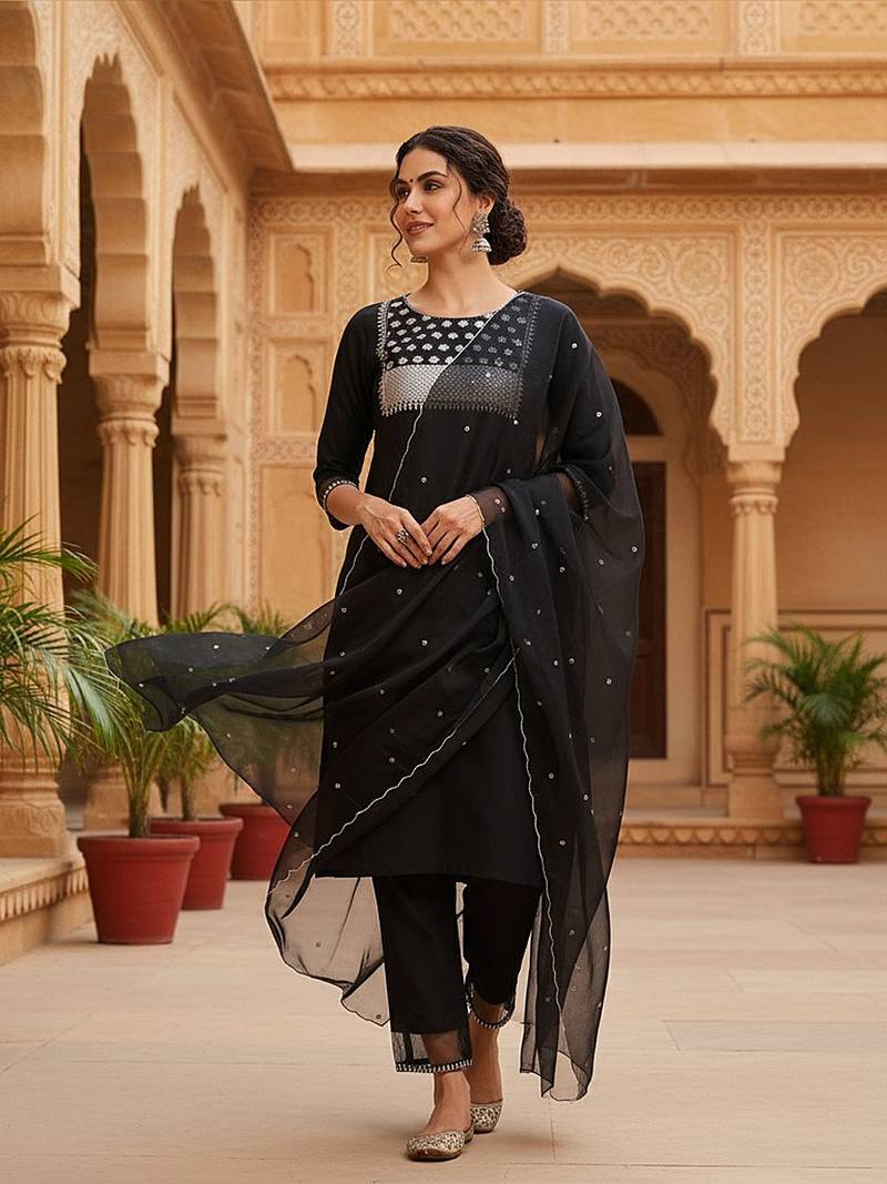 black color embroidered poly silk styles kurta trouser with dupatta