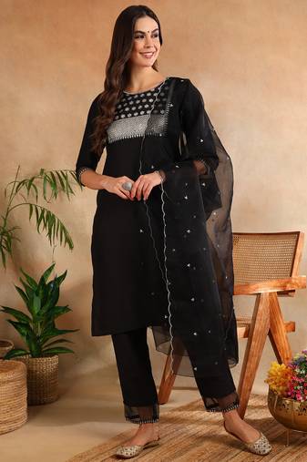 black color embroidered poly silk styles kurta trouser with dupatta