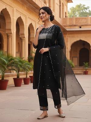 black color embroidered poly silk styles kurta trouser with dupatta 3