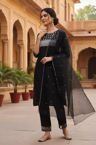 black color embroidered poly silk styles kurta trouser with dupatta