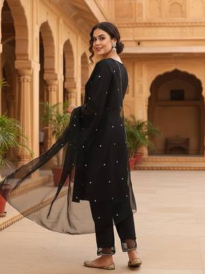 black color embroidered poly silk styles kurta trouser with dupatta 4
