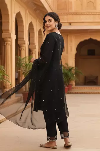 black color embroidered poly silk styles kurta trouser with dupatta