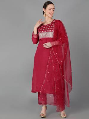 red color embroidered poly silk styles kurta trouser with dupatta 1