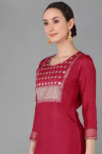 red color embroidered poly silk styles kurta trouser with dupatta