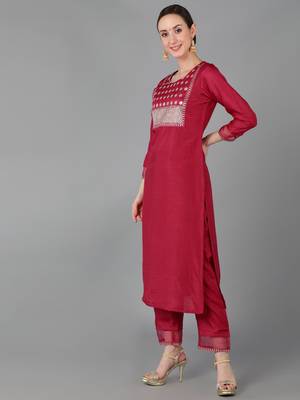 red color embroidered poly silk styles kurta trouser with dupatta 3