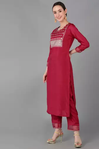 red color embroidered poly silk styles kurta trouser with dupatta