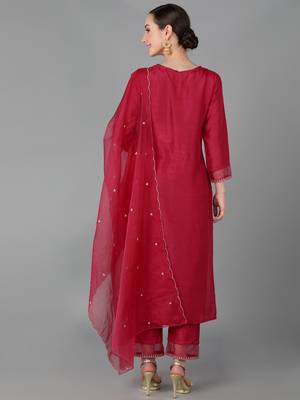 red color embroidered poly silk styles kurta trouser with dupatta 4