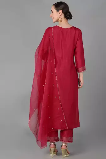 red color embroidered poly silk styles kurta trouser with dupatta