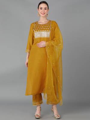 mustard color embroidered poly silk styles kurta trouser with dupatta 1