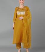 mustard color embroidered poly silk styles kurta trouser with dupatta