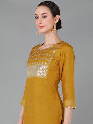 mustard color embroidered poly silk styles kurta trouser with dupatta 2