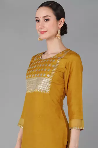 mustard color embroidered poly silk styles kurta trouser with dupatta