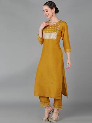 mustard color embroidered poly silk styles kurta trouser with dupatta 3