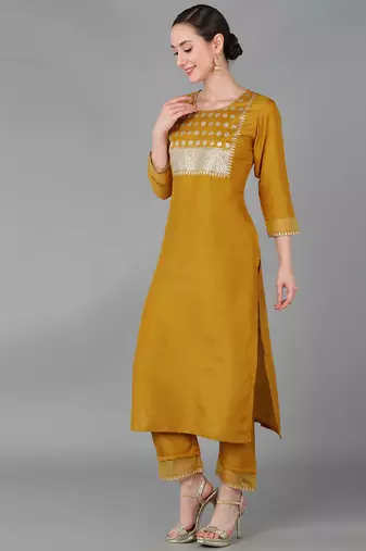 mustard color embroidered poly silk styles kurta trouser with dupatta