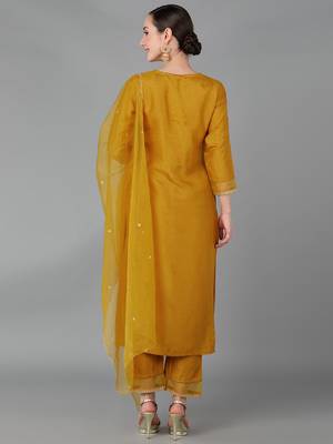 mustard color embroidered poly silk styles kurta trouser with dupatta 4