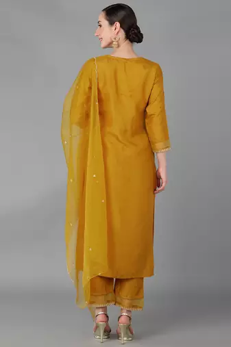 mustard color embroidered poly silk styles kurta trouser with dupatta