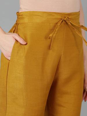 mustard color embroidered poly silk styles kurta trouser with dupatta 5