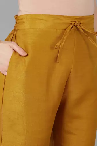 mustard color embroidered poly silk styles kurta trouser with dupatta