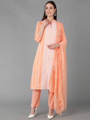 orange color embroidered silk blend styles kurta trouser with dupatta 1