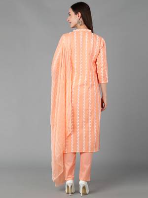 orange color embroidered silk blend styles kurta trouser with dupatta 4