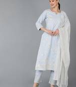 blue color embroidered pure cotton styles kurta trouser with dupatta